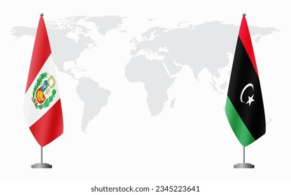 Peru and Libya flags for official meeting against background of world map.