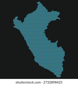 Peru Light Blue Dotted Map on Black for Andes Digital Connectivity and 5G. Map of Peru dottred style. 