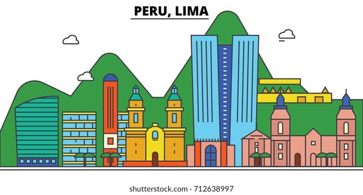 Peru, Lima. City skyline: architecture, buildings, streets, silhouette, landscape, panorama, landmarks. Editable strokes. Flat design line vector illustration concept. Isolated icons set