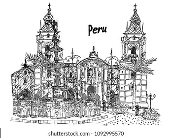 Peru Lima sketch black and white palm palace fountain vector stock