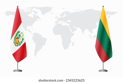 Peru and Lithuania flags for official meeting against background of world map.