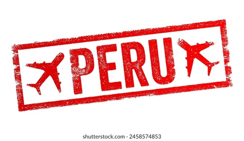 Perú - ubicado en el oeste de Sudamérica, es un país conocido por su rica historia, cultura diversa y paisajes impresionantes, sello de emblema de texto con avión