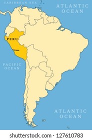 Peru locator map - country and capital city Lima. Map of South America.
