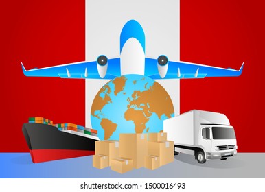 Peru logistics concept illustration. National flag of Peru from the back of globe, airplane, truck and cargo container ship