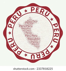 Peru logo. Artistic country badge with word cloud in the shape of Peru. Round emblem with the country name. Beautiful vector illustration.