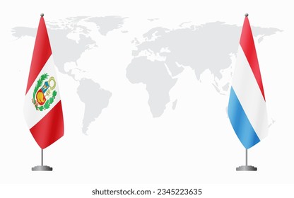 Peru and Luxembourg flags for official meeting against background of world map.