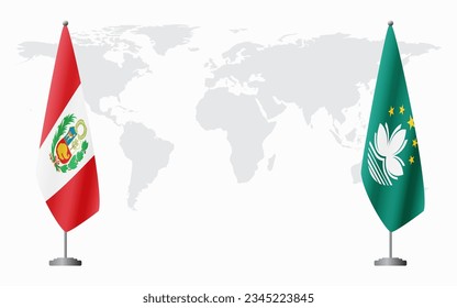Peru and Macau flags for official meeting against background of world map.