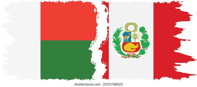 Peru and Madagascar grunge flags connection, vector