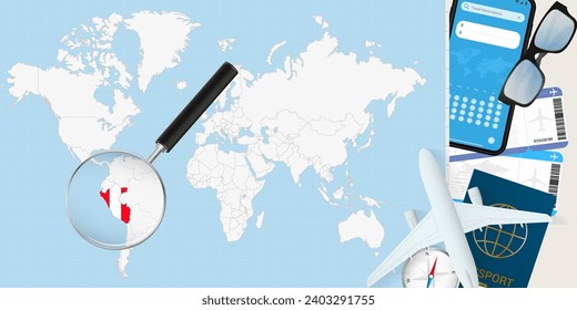 Peru is magnified over a World Map, illustration with airplane, passport, boarding pass, compass and eyeglasses. Vector illustration.