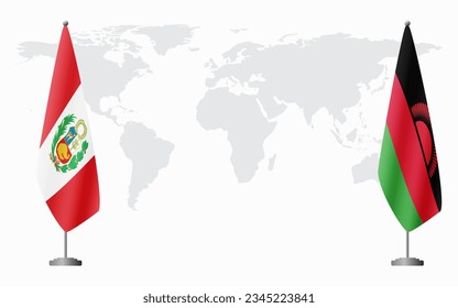 Peru and Malawi flags for official meeting against background of world map.