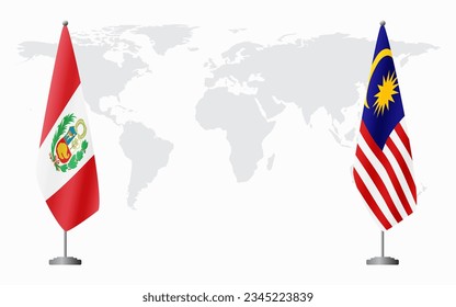 Peru and Malaysia flags for official meeting against background of world map.