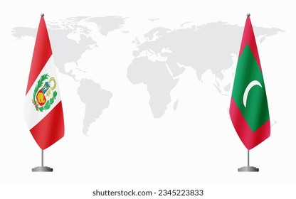 Peru and Maldives flags for official meeting against background of world map.