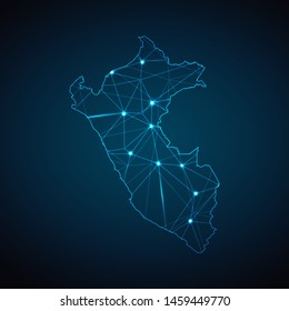 Peru Map - Abstract geometric mesh polygonal network line, structure and point scales on dark background with lights in the form of cities. Vector illustration eps 10.