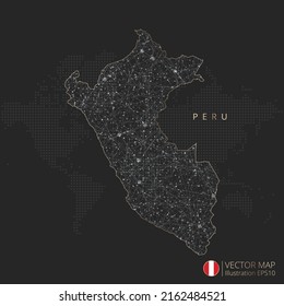 Peru map abstract geometric mesh polygonal light concept with black and white glowing contour lines countries and dots on dark background. Vector illustration.