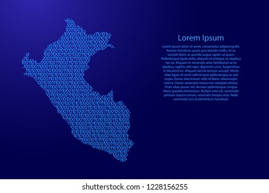 Peru map abstract schematic from blue ones and zeros binary digital code with space stars for banner, poster, greeting card. Vector illustration.