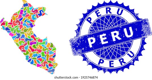 Peru map abstraction. Blot collage map and grunge mark for Peru. Sharp rosette blue mark with caption for Peru map. Collage vector Peru map is designed of scattered multi-colored splashes.