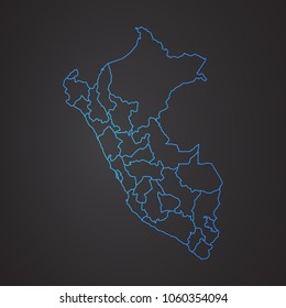 Peru map: blue glitter outline with sparkling stars on dark background. Detailed map of Peru. Vector illustration.