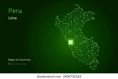 Peru Map with a capital of Lima Shown in a Microchip Pattern. E-government. TSMC. World Countries vector maps. Microchip Series	