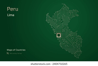 Peru Map with a capital of Lima Shown in a Microchip Pattern. E-government. TSMC. World Countries vector maps. Microchip Series	