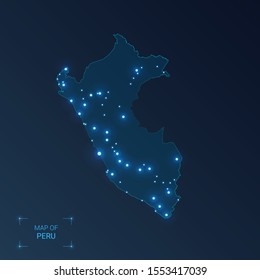 Peru map with cities. Luminous dots - neon lights on dark background. Vector illustration. 