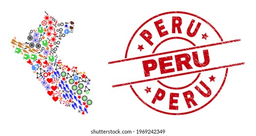 Peru map collage and unclean Peru red round stamp imitation. Peru stamp uses vector lines and arcs. Peru map collage contains helmets, homes, lamps, suns, wine glasses, and more pictograms.