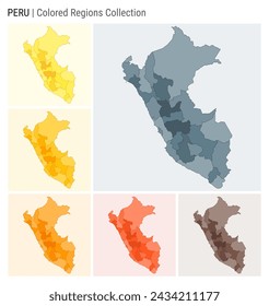 In: Peru Map Collection. Landform mit farbigen Bereichen. Blau grau, gelb, bernsteinfarben, orange, tieforange, braune Farbpaletten. Grenze von Peru mit Provinzen für Ihre Infografik. Vektorgrafik.