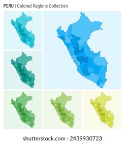 In: Peru Map Collection. Landform mit farbigen Bereichen. Hellblau, Cyan, Teal, Grün, Hellgrün, Lime-Farbpaletten. Grenze von Peru mit Provinzen für Ihre Infografik. Vektorgrafik.