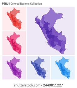 Peru map collection. Country shape with colored regions. Deep Purple, Red, Pink, Purple, Indigo, Blue color palettes. Border of Peru with provinces for your infographic. Vector illustration.