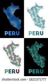 Peru map. Collection of map of Peru in dotted style. Borders of the country filled with rectangles for your design. Vector illustration.