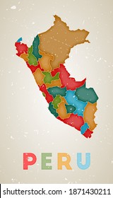 Peru map. Country poster with colored regions. Old grunge texture. Vector illustration of Peru with country name.