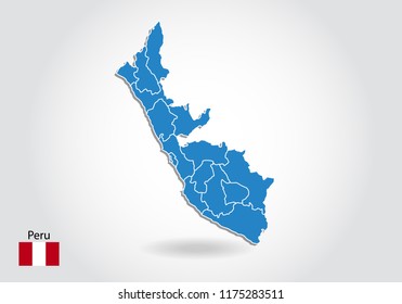 Peru map design with 3D style. Blue Peru map and National flag. Simple vector map with contour, shape, outline, on white.