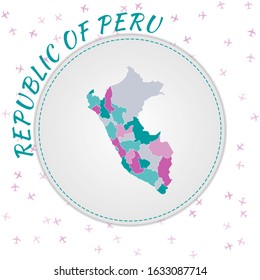 Peru map design. Map of the country with regions in emerald-amethyst color palette. Rounded travel to Peru poster with country name and airplanes background. Stylish vector illustration.