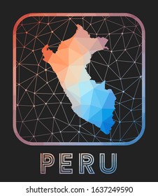 Peru map design. Vector low poly map of the country. Peru icon in geometric style. The country shape with polygonal gradient and mesh on dark background.