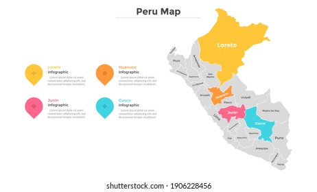 Peru map divided into federal states. Territory of country with regional borders. Peruvian administrative division. Infographic design template. Vector illustration for touristic guide, banner.