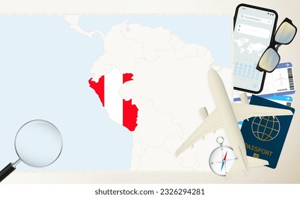 Peru map and flag, cargo plane on the detailed map of Peru with flag, passport, magnifying glass and airplane. Vector template.