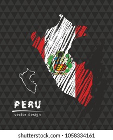 Peru map with flag inside on the black background. Chalk sketch vector illustration
