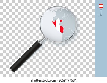 Peru-Karte mit Fahne in Lupe auf transparentem Hintergrund. Vektorgrafik mit Karte.
