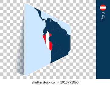 Peru map and flag on transparent background. Highlighted Peru on blue vector map.