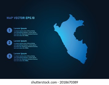 Peru map, infographic style , on dark background with Map World. Wire frame 3D mesh , map 3D,