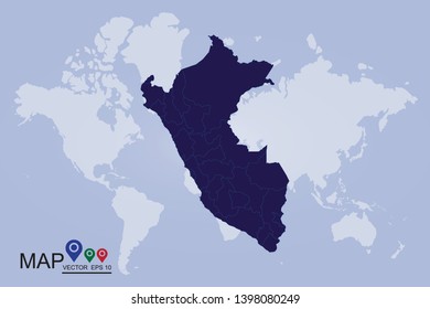 Peru of map isolated on white background, High Detailed Blue Map of Peru isolated on white background. Vector illustration eps 10. - Vector