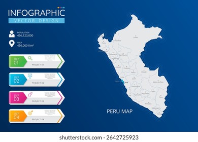 Peru map with location pointer marks. High detailed country map with division, cities and capital infographic template. Vector illustration EPS10