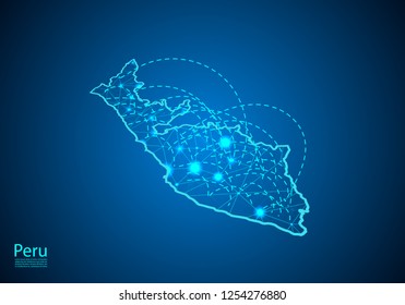 peru map with nodes linked by lines. concept of global communication and business. Dark peru map created from white dots with travel locations or internet connection.