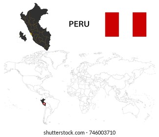 Peru map on a world map with flag on white background.