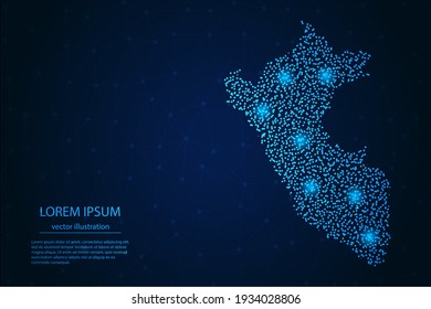 Peru map from point blue and glowing stars on a dark background. Vector eps 10.