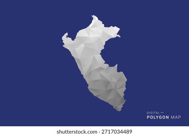 Peru Map - Polygon White and Black map Style Vector Illustration, Low Poly Geometric Design, Isolated on blue Background.