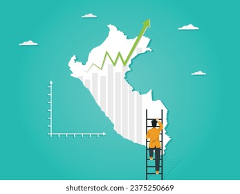 Peru Map positive business graph with arrow. A Business man steps up stairs to successful point, Steps to starting a business success. Climb up businessman build ladder Peru Stock grow up.