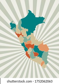 Peru map. Poster with map of the country in retro color palette. Shape of Peru with sunburst rays background. Vector illustration.