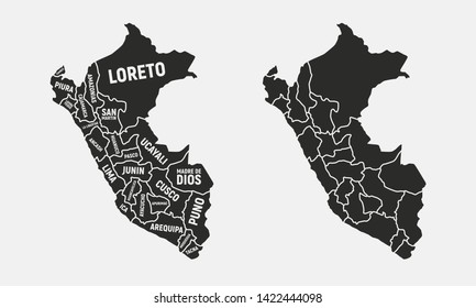 Peru map. Poster map of Peru with state names. Peru states map background. Vector illustration