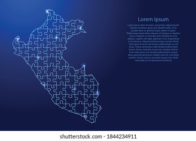 Peru map from puzzles blue line and glowing space stars parts mosaic grid. Vector illustration.