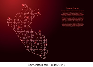 Peru map from puzzles red line and glowing space stars parts mosaic grid. Vector illustration.